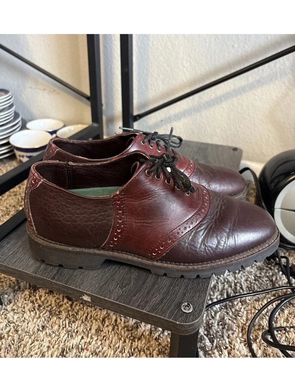 H.S. Trask Two-Tone Saddle Oxford Bison Leather Lug Sole 1035 Shoes Men's Size 8